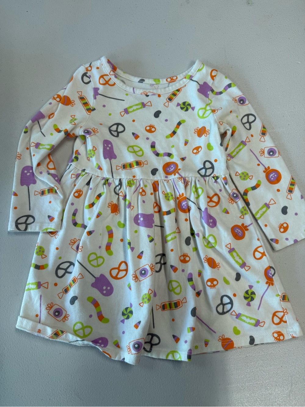 Cat & Jack White Candy Print Long Sleeve Dress with Colorful Treats